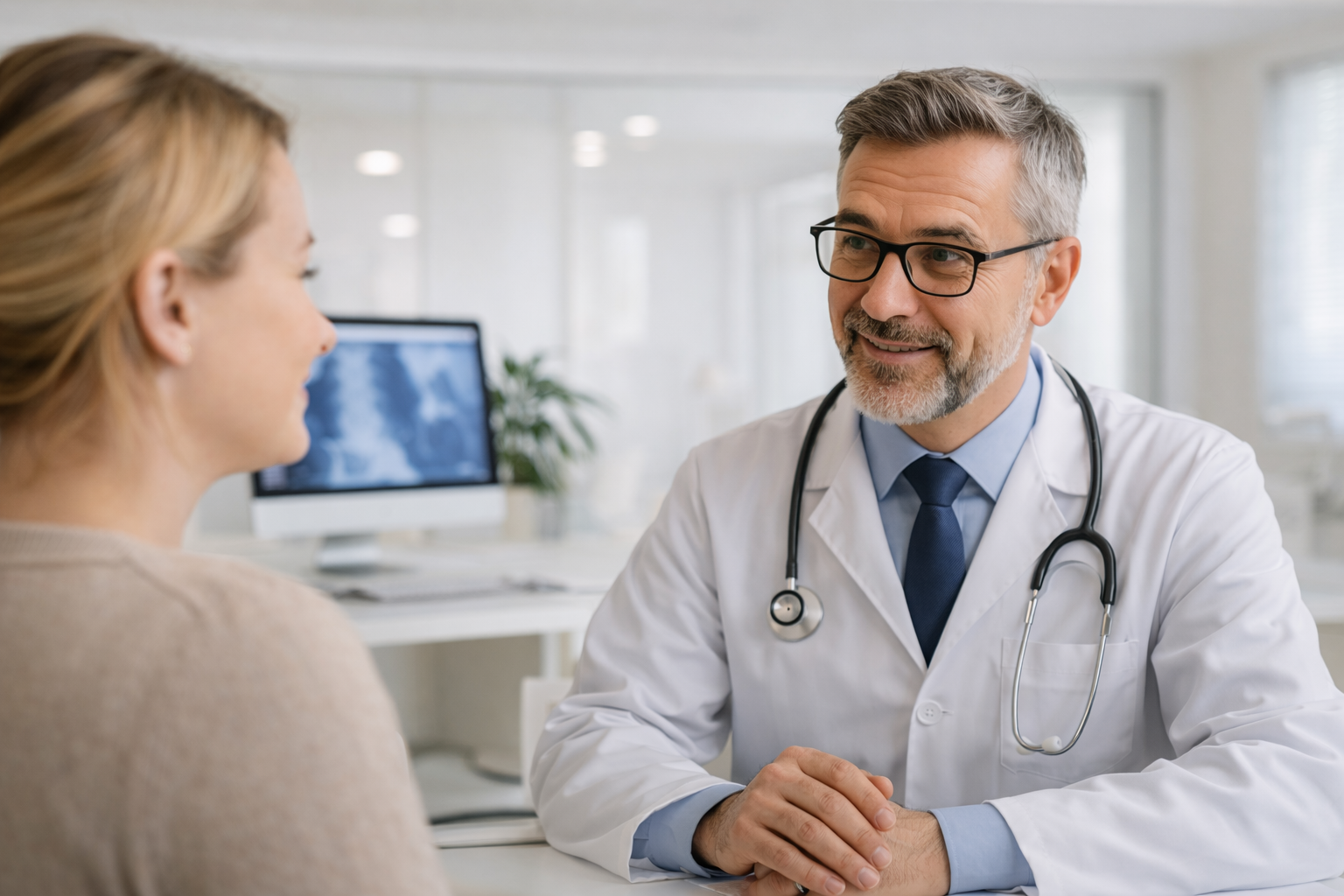Lekarz rozmawiający z pacjentką w prywatnym gabinecie – opieka medyczna PZU